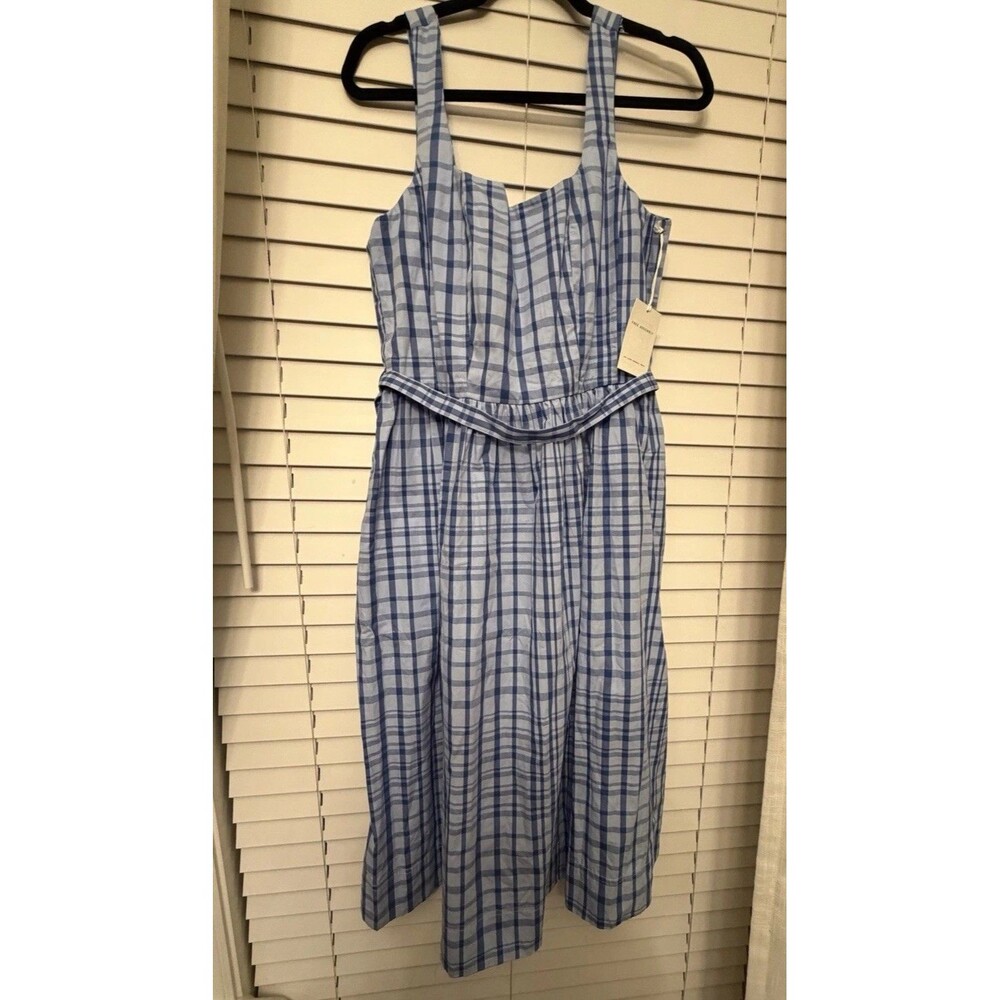 Free Assembly Blue White Plaid Smocked Square Neck Strappy Midi Dress L